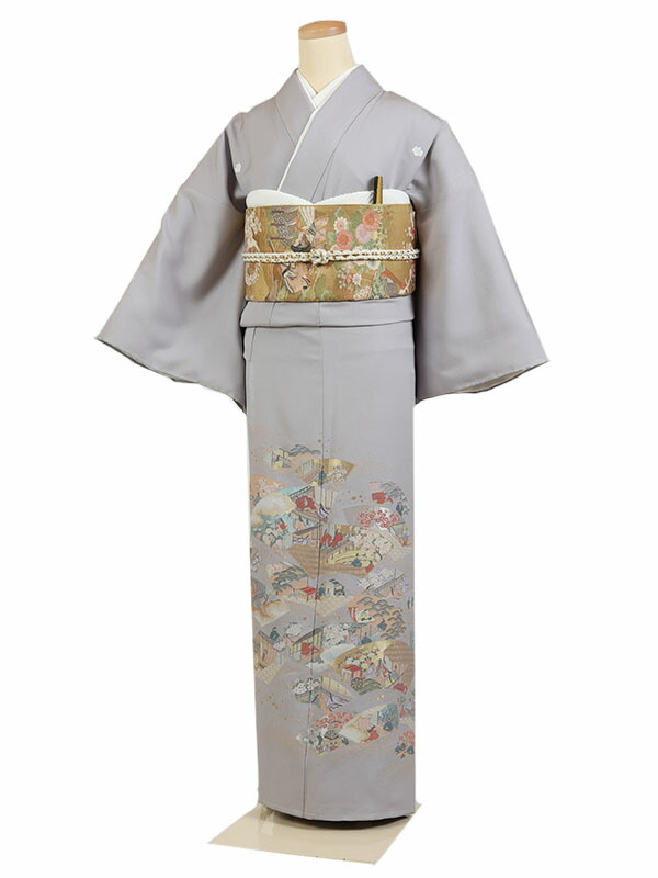 【レンタル】【色留袖・グレー系 ・平家物語図】五つ紋 色留袖レンタル 着物レンタル 結婚式 披露宴 食事会 表彰式 褒章 貸衣装 貸衣裳 オススメ 式典 留袖フルセット 色留め袖 第一礼装 和服 母 若い 新婦姉妹 親戚 祖母 親族 チャペル 安い 往復送料無料　it0132