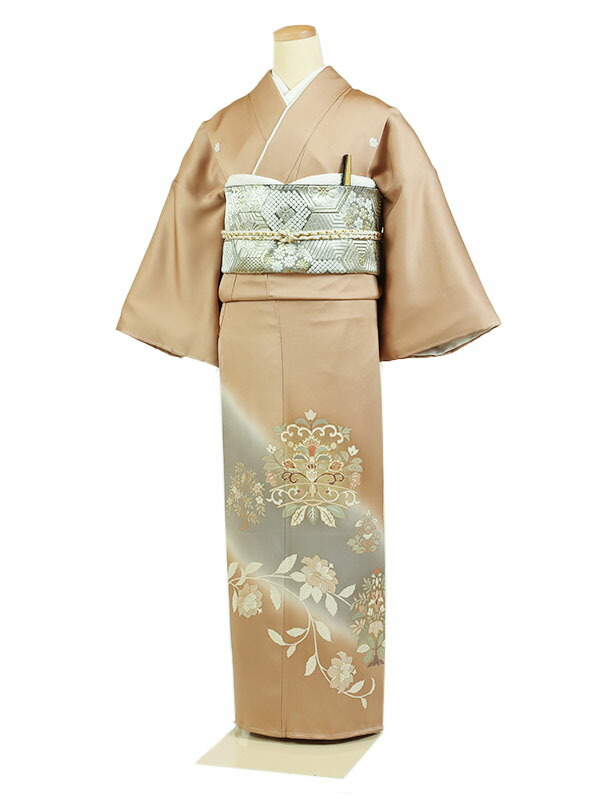 【レンタル】【色留袖・茶系 ・華紋】五つ紋 色留袖レンタル 着物レンタル 結婚式 披露宴 食事会 表彰式 褒章 貸衣装 貸衣裳 オススメ 式典 留袖フルセット 色留め袖 第一礼装 和服 母 若い 新婦姉妹 親戚 祖母 親族 チャペル 安い 往復送料無料 it0140|京都 きものれんたる京商