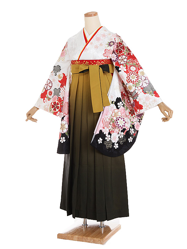 【レンタル】【卒業式袴 白・花×カラシ・オリーブ袴】卒業式 袴 レンタル 女 身長153~158cm 卒業袴 女袴 卒業式袴セット 大学生 短大 教員 先生 二尺袖袴フルセット 専門学生 謝恩会 高校 文化祭 個性 モダンポップ おしゃれ 被らない 往復送料無料 n190|京都 きものれんたる京商