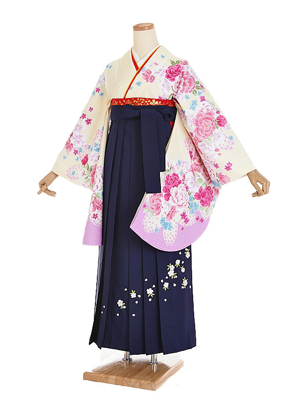 【レンタル】【卒業式袴 クリーム・花×紺袴】卒業式 袴 レンタル 女 身長153～158cm 卒業袴 女袴 卒業式袴セット 大学生 短大 教員 先生 二尺袖袴フルセット 専門学生 謝恩会 高校 文化祭 個性 モダンポップ おしゃれ 被らない 往復送料無料 n193