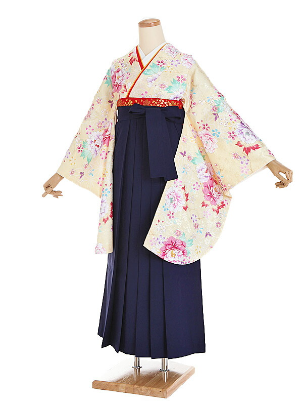 【レンタル】【卒業式袴 黄色系・花×紺袴】卒業式 袴 レンタル 女 身長150～155cm 卒業袴 女袴 卒業式袴セット 大学生 短大 教員 先生 二尺袖袴フルセット 専門学生 謝恩会 高校 文化祭 個性 モダンポップ おしゃれ 被らない 往復送料無料 n197
