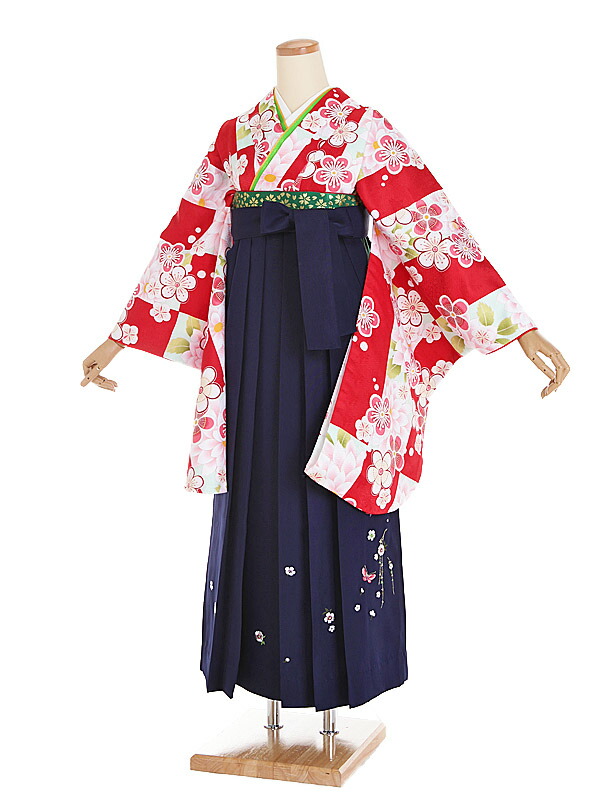 【レンタル】【卒業式袴 赤・梅×紺袴】卒業式 袴 レンタル 女 身長153～158cm 卒業袴 女袴 卒業式袴セット 大学生 短大 教員 先生 二尺袖袴フルセット 専門学生 謝恩会 高校 文化祭 個性 モダンポップ おしゃれ 被らない 往復送料無料 n212