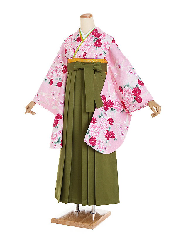 【レンタル】【卒業式袴 ピンク・花×黄緑袴】卒業式 袴 レンタル 女 身長153～158cm 卒業袴 女袴 卒業式袴セット 大学生 短大 教員 先生 二尺袖袴フルセット 専門学生 謝恩会 高校 文化祭 個性 モダンポップ おしゃれ 被らない 往復送料無料 n220