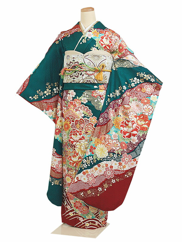 華やか花柄振袖 青色　フルセット 青色の振袖 着物 花柄