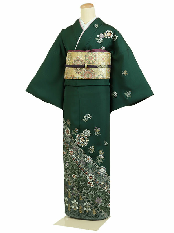 【訪問着 京友禅 深緑系 華紋文様】正絹 訪問着レンタル 訪問着セット レンタル訪問着 着物レンタル 貸衣装 結婚式 入学式 卒業式 お宮参り 七五三 お母さん ママ 母親 パーティー 結納 お茶会 安い 往復送料無料 h890