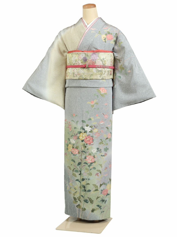 【レンタル】【訪問着 京友禅 グレー系 四季草花・たたき染め風】正絹 訪問着レンタル 訪問着セット レンタル訪問着 着物レンタル 貸衣装 結婚式 入学式 卒業式 お宮参り 七五三 お母さん ママ 母親 パーティー 結納 お茶会 安い 往復送料無料 h912
