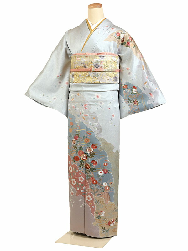 【レンタル】【訪問着 京友禅 グレー系 雪輪・菊花】正絹 訪問着レンタル 訪問着セット レンタル訪問着 着物レンタル 貸衣装 結婚式 入学式 卒業式 お宮参り 七五三 お母さん ママ 母親 パーティー 結納 お茶会 安い 往復送料無料 h917