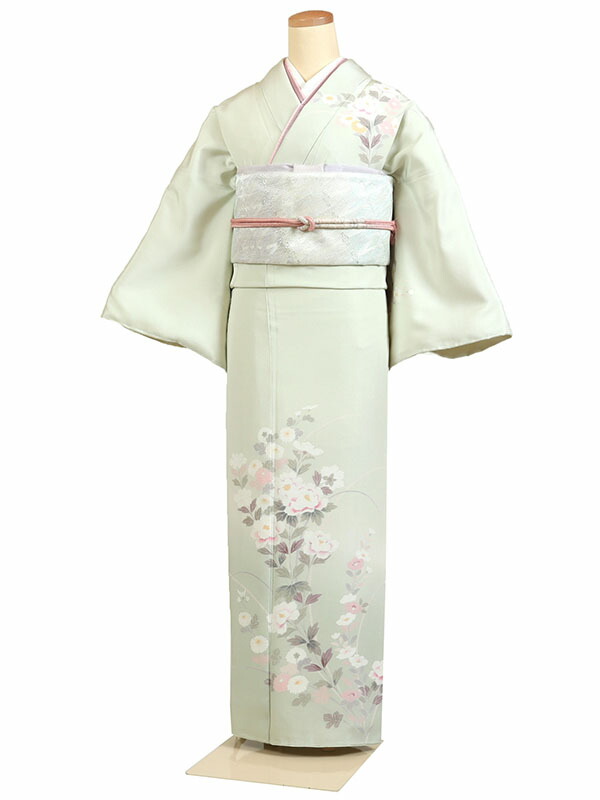 【レンタル】【訪問着 京友禅 薄緑系 くすみカラー 牡丹・菊花】正絹 訪問着レンタル 訪問着セット レンタル訪問着 着物レンタル 貸衣装 結婚式 入学式 卒業式 お宮参り 七五三 お母さん ママ 母親 パーティー 結納 お茶会 安い 往復送料無料 h943