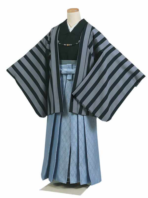 【レンタル】ジュニア 男児 袴 着物セット 小学生 10～13歳用 グレー系 縞 青系 身長150～155cm 男の子 卒業式 十三参り 羽織袴 男児着物セット jd-0037 10,508円