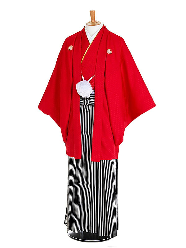 【レンタル】【成人式紋付袴 赤系&times;黒グレー縞】紋付袴レンタル 男着物 袴 レンタル 紋付フルセット レンタル紋付 着物レンタル 貸衣装 成人式着物 男 男性用袴レンタル 二十歳 ハタチ 和服 安い 往復送料無料 メンズ mt75s｜京都 きものれんたる京商