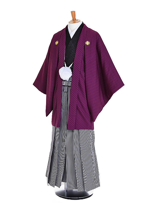 【レンタル】【成人式紋付袴 紫系・黒系×黒グレー縞】紋付袴レンタル 男着物 袴 レンタル 紋付フルセット レンタル紋付 着物レンタル 貸衣装 成人式着物 男 男性用袴レンタル 二十歳 ハタチ 和服 安い 往復送料無料 メンズ mt79s