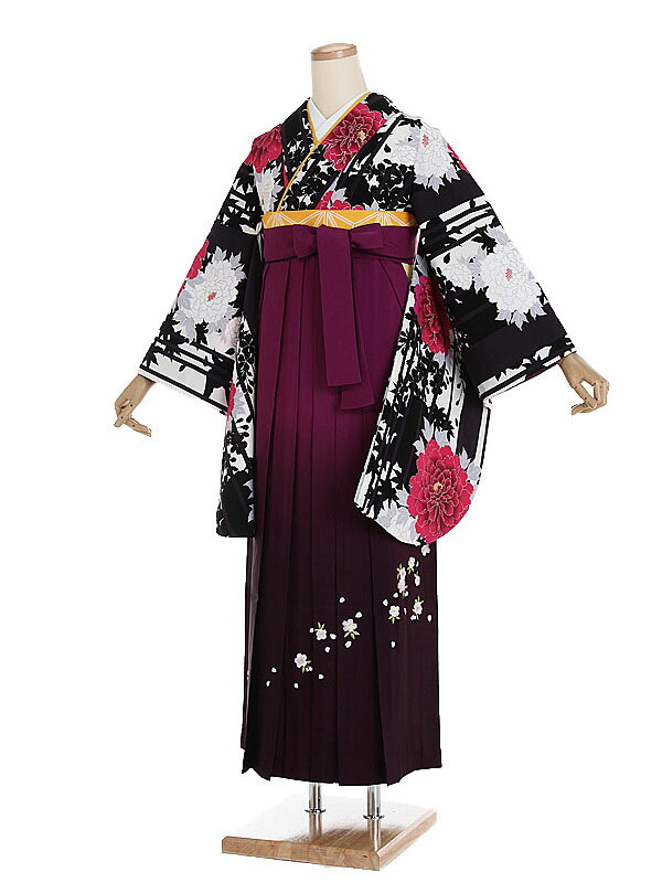 【レンタル】【卒業式袴 黒・牡丹×刺繍・ワインレッド袴】卒業式 袴 レンタル 卒業袴 女袴 卒業式袴セット 大学生 短大 教員 先生 二尺袖袴フルセット 専門学生 謝恩会 高校 文化祭 個性 おしゃれ 被らない 往復送料無料 n337