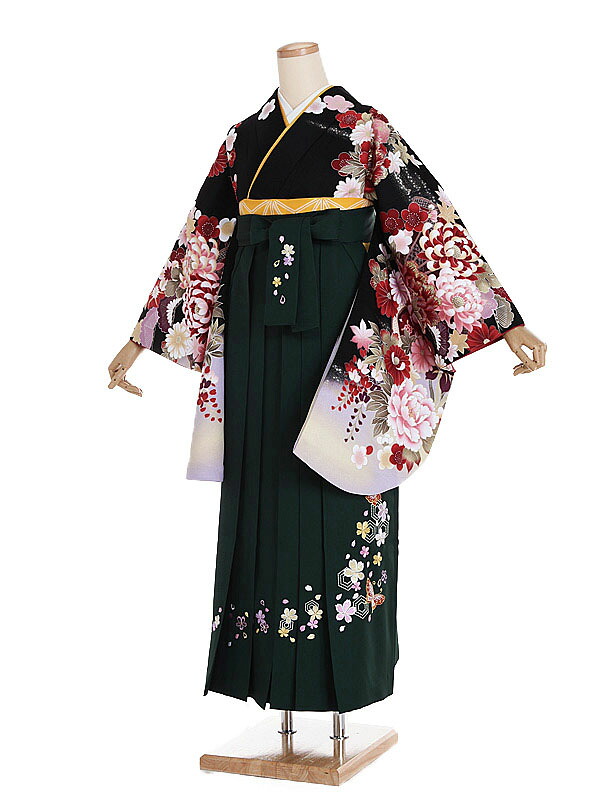 【レンタル】【卒業式袴 菜々緒 黒・四季花×刺繍・緑袴】卒業式 袴 レンタル 卒業袴 女袴 卒業式袴セット 大学生 短大 教員 先生 二尺袖袴フルセット 専門学生 謝恩会 高校 文化祭 個性 おしゃれ 被らない 往復送料無料 n338