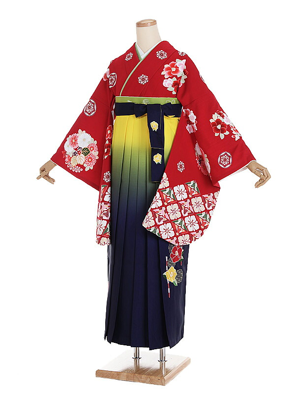 【レンタル】【卒業式袴 赤・椿×刺繍・黄紺ぼかし袴】卒業式 袴 レンタル 卒業袴 女袴 卒業式袴セット 大学生 短大 教員 先生 二尺袖袴フルセット 専門学生 謝恩会 高校 文化祭 個性 おしゃれ 被らない 往復送料無料 n369