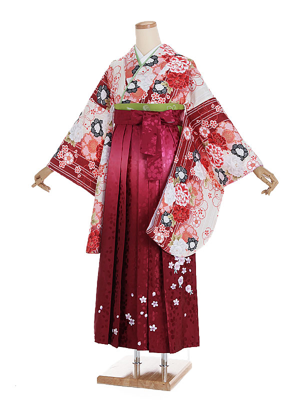【レンタル】【卒業式袴 クリーム・四季花×刺繍・ピンク袴】卒業式 袴 レンタル 卒業袴 女袴 卒業式袴セット 大学生 短大 教員 先生 二尺袖袴フルセット 専門学生 謝恩会 高校 文化祭 個性 おしゃれ 被らない 往復送料無料 n380