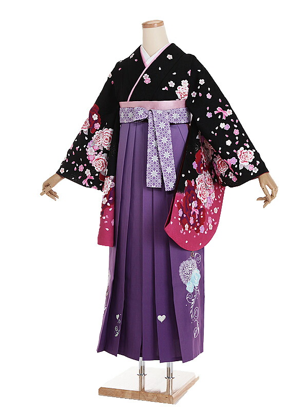 【レンタル】【卒業式袴 黒・バラ×刺繍・紫袴】卒業式 袴 レンタル 卒業袴 女袴 卒業式袴セット 大学生 短大 教員 先生 二尺袖袴フルセット 専門学生 謝恩会 高校 文化祭 個性 おしゃれ 被らない 往復送料無料 n418