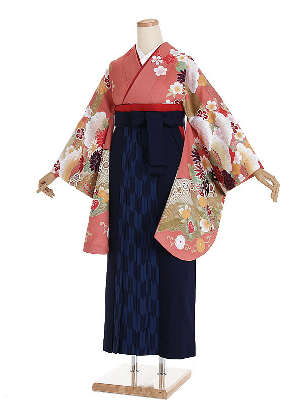 【レンタル】【卒業式袴 サーモンピンク・四季花×矢絣・紺袴】卒業式 袴 レンタル 卒業袴 女袴 卒業式袴セット 大学生 短大 教員 先生 二尺袖袴フルセット 専門学生 謝恩会 高校 文化祭 個性 おしゃれ 被らない 往復送料無料 n430