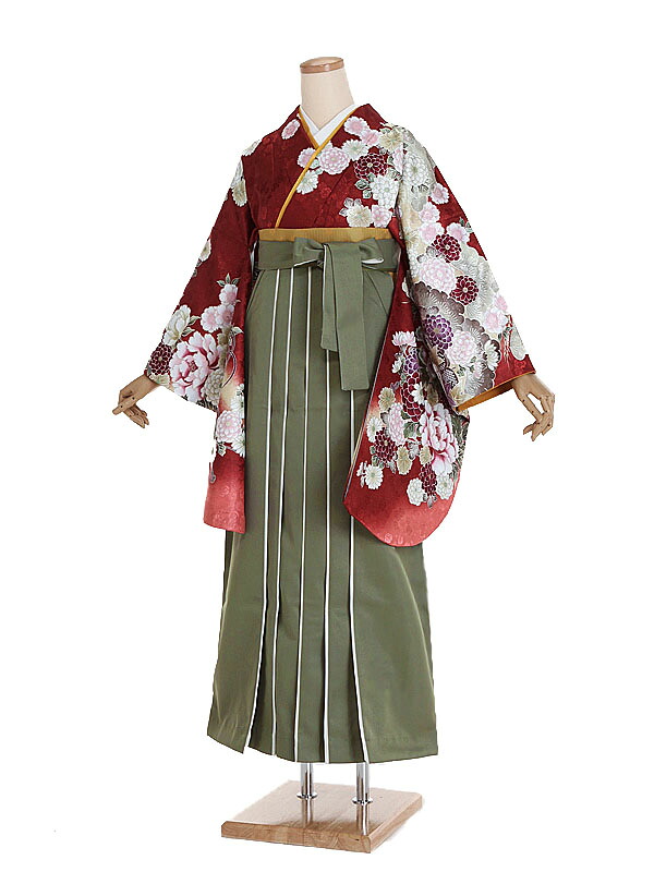 【レンタル】【卒業式袴 赤 / 牡丹・菊花×カーキ袴】卒業式 袴 レンタル 卒業袴 女袴 卒業式袴セット 大学生 短大 教員 先生 二尺袖袴フルセット 専門学生 謝恩会 高校 文化祭 個性 おしゃれ 被らない 往復送料無料 n448