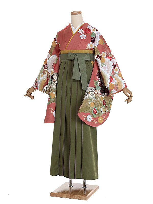 【レンタル】【卒業式袴 サーモンピンク・四季花×カーキ袴】卒業式 袴 レンタル 卒業袴 女袴 卒業式袴セット 大学生 短大 教員 先生 二尺袖袴フルセット 専門学生 謝恩会 高校 文化祭 個性 おしゃれ 被らない 往復送料無料 n454
