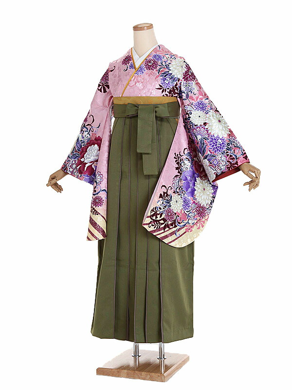 【レンタル】【卒業式袴 ピンク・四季花×カーキ袴】卒業式 袴 レンタル 卒業袴 女袴 卒業式袴セット 大学生 短大 教員 先生 二尺袖袴フルセット 専門学生 謝恩会 高校 文化祭 個性 おしゃれ 被らない 往復送料無料 n461