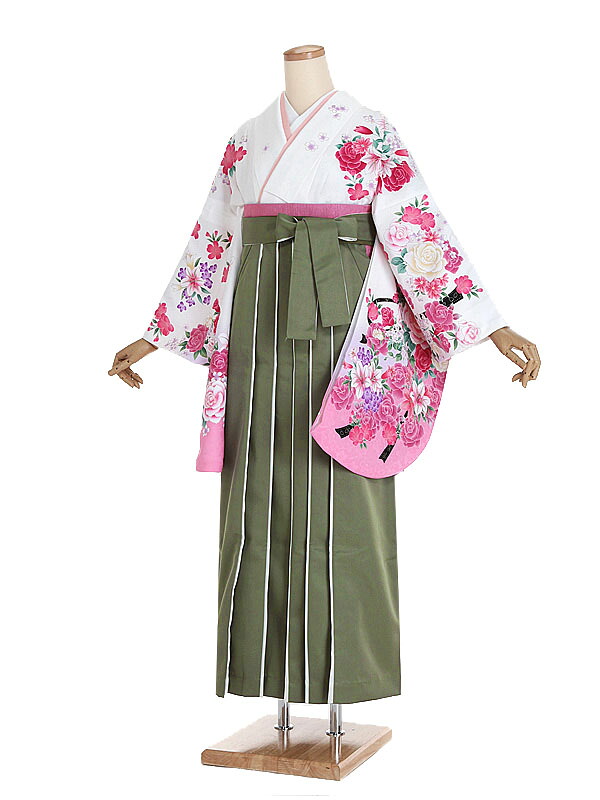 【レンタル】【卒業式袴 白・洋花×カーキ袴】卒業式 袴 レンタル 卒業袴 女袴 卒業式袴セット 大学生 短大 教員 先生 二尺袖袴フルセット 専門学生 謝恩会 高校 文化祭 個性 おしゃれ 被らない 往復送料無料 n481