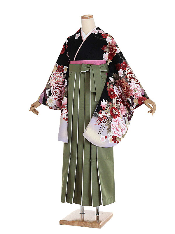 【レンタル】【卒業式袴 黒・四季花×カーキ袴】卒業式 袴 レンタル 卒業袴 女袴 卒業式袴セット 大学生 短大 教員 先生 二尺袖袴フルセット 専門学生 謝恩会 高校 文化祭 個性 おしゃれ 被らない 往復送料無料 n483