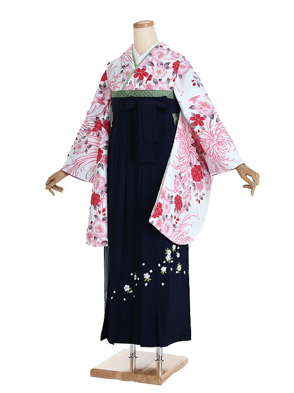 【レンタル】【卒業式袴 白 / 乱菊・桜花×刺繍・紺袴】卒業式 袴 レンタル 卒業袴 女袴 卒業式袴セット 大学生 短大 教員 先生 二尺袖袴フルセット 専門学生 謝恩会 高校 文化祭 個性 おしゃれ 被らない 往復送料無料 n495