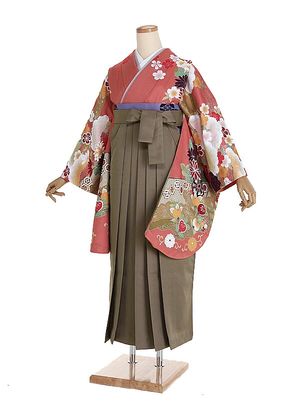 【レンタル】【卒業式袴 サーモンピンク・四季花×薄茶袴】卒業式 袴 レンタル 卒業袴 女袴 卒業式袴セット 大学生 短大 教員 先生 二尺袖袴フルセット 専門学生 謝恩会 高校 文化祭 個性 おしゃれ 被らない 往復送料無料 n526