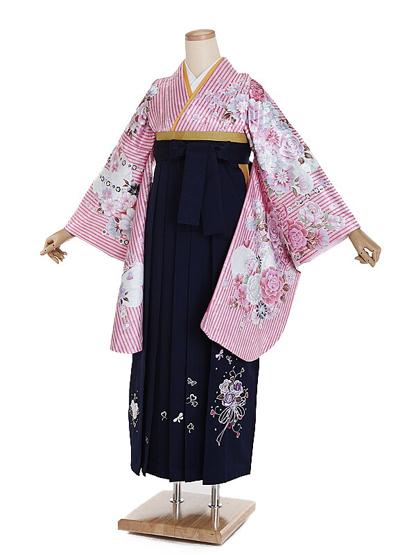 【レンタル】【卒業式袴 ピンク・洋柄×刺繍・紺袴】卒業式 袴 レンタル 卒業袴 女袴 卒業式袴セット 大学生 短大 教員 先生 二尺袖袴フルセット 専門学生 謝恩会 高校 文化祭 個性 おしゃれ 被らない 往復送料無料 n539