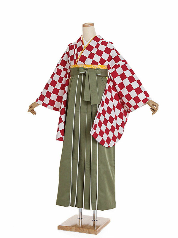 【レンタル】【卒業式袴 紅白・市松×カーキ袴】卒業式 袴 レンタル 卒業袴 女袴 卒業式袴セット 大学生 短大 教員 先生 二尺袖袴フルセット 専門学生 謝恩会 高校 文化祭 個性 おしゃれ 被らない 往復送料無料 n558