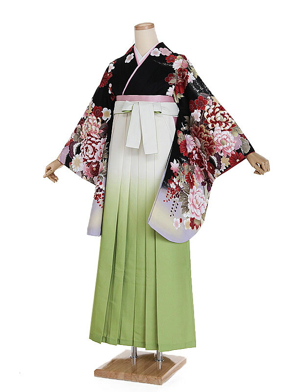 【レンタル】【卒業式袴 黒・四季花×黄緑ぼかし袴】卒業式 袴 レンタル 卒業袴 女袴 卒業式袴セット 大学生 短大 教員 先生 二尺袖袴フルセット 専門学生 謝恩会 高校 文化祭 個性 おしゃれ 被らない 往復送料無料 n564