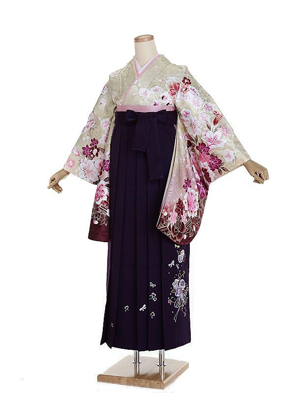 【レンタル】【卒業式袴 ベージュ・洋花×刺繍・紫袴】卒業式 袴 レンタル 卒業袴 女袴 卒業式袴セット 大学生 短大 教員 先生 二尺袖袴フルセット 専門学生 謝恩会 高校 文化祭 個性 おしゃれ 被らない 往復送料無料 n568
