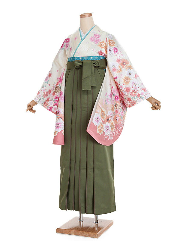 【レンタル】【卒業式袴 クリーム色・四季花×カーキ袴】卒業式 袴 レンタル 卒業袴 女袴 卒業式袴セット 大学生 短大 教員 先生 二尺袖袴フルセット 専門学生 謝恩会 高校 文化祭 個性 おしゃれ 被らない 往復送料無料 n580