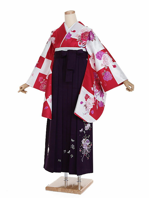 【レンタル】【卒業式袴 紅白・牡丹×刺繍・紫袴】卒業式 袴 レンタル 卒業袴 女袴 卒業式袴セット 大学生 短大 教員 先生 二尺袖袴フルセット 専門学生 謝恩会 高校 文化祭 個性 おしゃれ 被らない 往復送料無料 n598