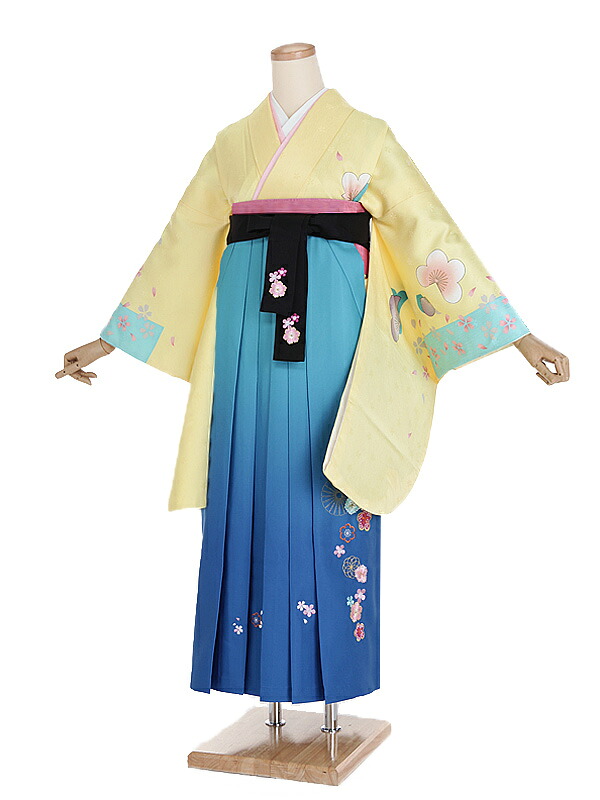 【レンタル】【卒業式袴 黄・桜花×刺繍・水色袴】卒業式 袴 レンタル 卒業袴 女袴 卒業式袴セット 大学生 短大 教員 先生 二尺袖袴フルセット 専門学生 謝恩会 高校 文化祭 個性 おしゃれ 被らない 往復送料無料 n626