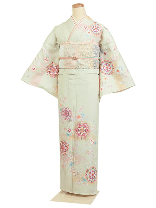 レンタル 訪問着 単衣 夏物 身長：155～162cm 緑系 母親 着物 結婚式 お宮参り as-0182