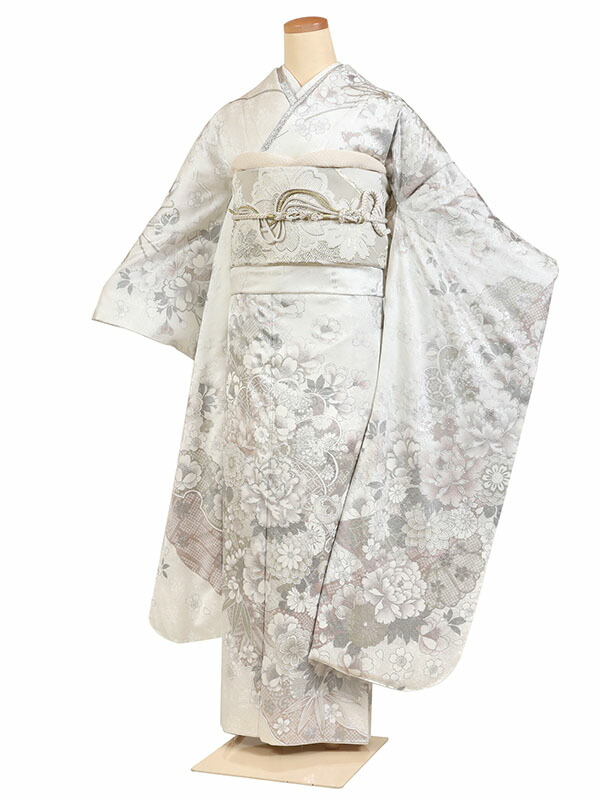 【成人式 】 レンタル 振袖 身長：155～165cm 正絹 白系 古典 着物 振り袖 フルセット f-796s