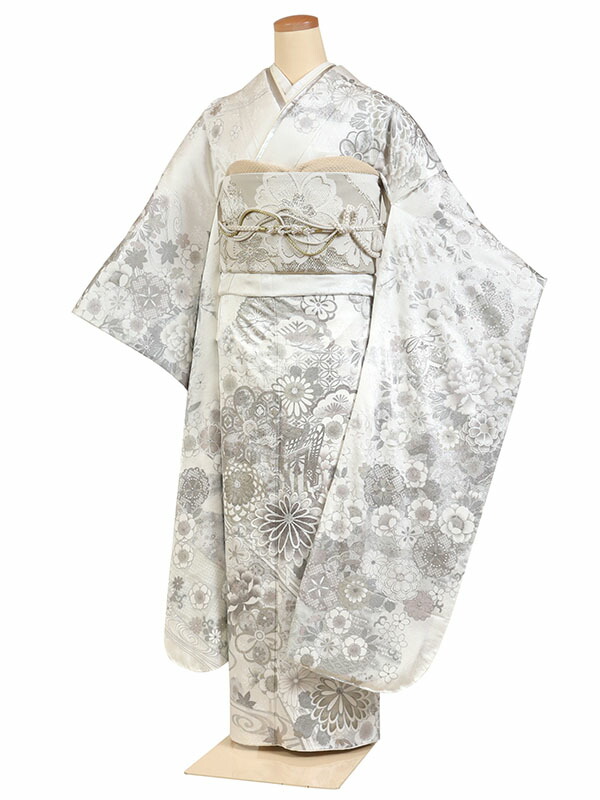 【成人式 】 レンタル 振袖 身長：155～165cm 正絹 白系 古典 着物 振り袖 フルセット f-797s