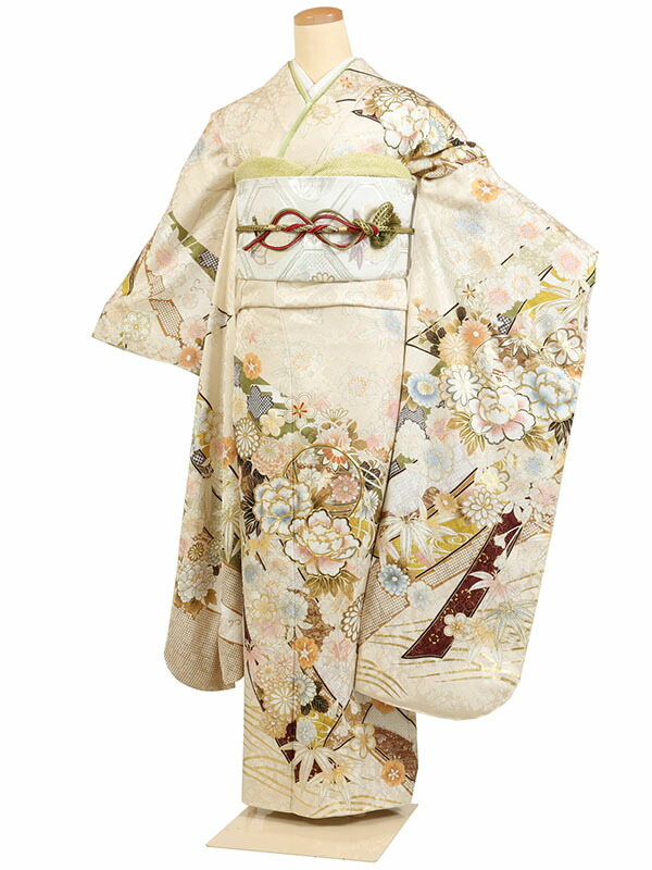 【成人式 】 レンタル 振袖 身長：155～165cm 正絹 ベージュ系 古典 着物 振り袖 フルセット f-816s
