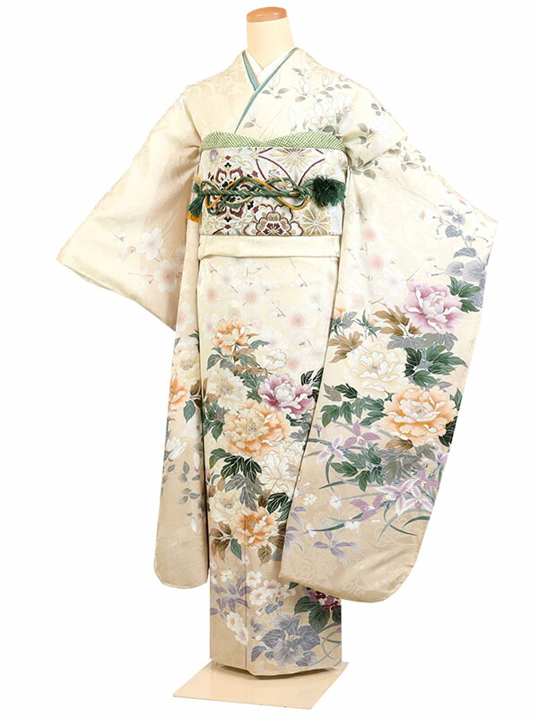 【成人式 】 レンタル 振袖 身長:155~165cm 正絹 クリーム色系 古典 着物 振り袖 フルセット f-818s