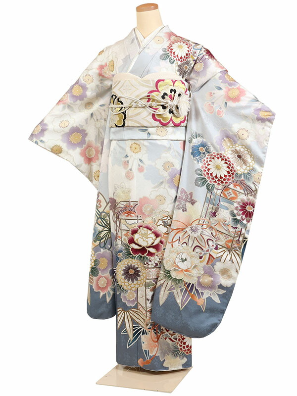 【成人式 】 レンタル 振袖 身長：155～165cm 正絹 グレー系 古典 着物 振り袖 フルセット f-824s