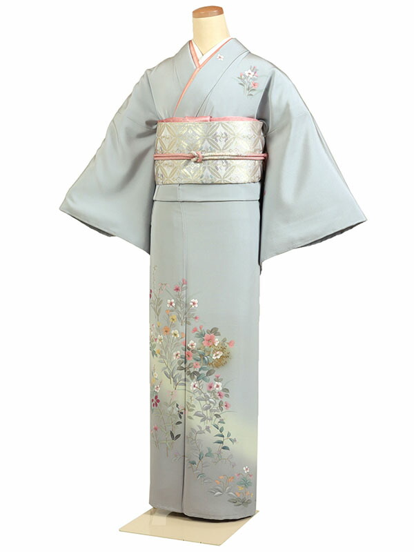 【レンタル】【訪問着 京友禅 グレー系 四季草花】正絹 訪問着レンタル 訪問着セット レンタル訪問着 着物レンタル 貸衣装 結婚式 入学式 卒業式 お宮参り 七五三 お母さん ママ 母親 パーティー 結納 お茶会 安い 往復送料無料 h933