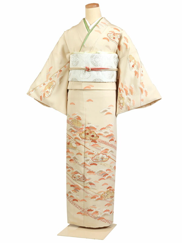 【レンタル】【訪問着 京友禅 クリーム色・松・四季花】正絹 訪問着レンタル 訪問着セット レンタル訪問着 着物レンタル 貸衣装 結婚式 入学式 卒業式 お宮参り 七五三 お母さん ママ 母親 パーティー 結納 お茶会 安い 往復送料無料 h937
