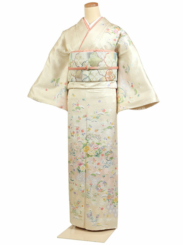 【レンタル】【訪問着 京友禅 ベージュ系 花輪・四季花】正絹 訪問着レンタル 訪問着セット レンタル訪問着 着物レンタル 貸衣装 結婚式 入学式 卒業式 お宮参り 七五三 お母さん ママ 母親 パーティー 結納 お茶会 安い 往復送料無料 h988
