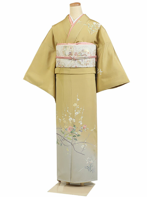 【レンタル】【訪問着 手描き友禅 カラシ系 四季草花】正絹 訪問着レンタル 訪問着セット レンタル訪問着 着物レンタル 貸衣装 結婚式 入学式 卒業式 お宮参り 七五三 お母さん ママ 母親 パーティー 結納 お茶会 安い 往復送料無料 h1014｜京都 きものれんたる京商