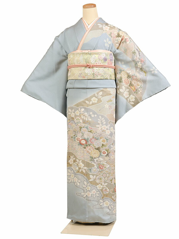 レンタル 訪問着 身長：155～165cm 正絹 ブルーグレー系 着物 母親 結婚式 入学式 卒業式 お宮参り 七五三 h-1062