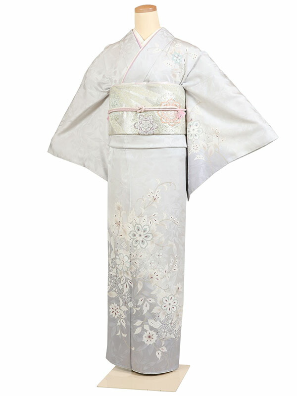 レンタル 訪問着 身長：155～165cm 正絹 グレー系 更紗風 着物 母親 結婚式 入学式 卒業式 お宮参り 七五三 h-1064