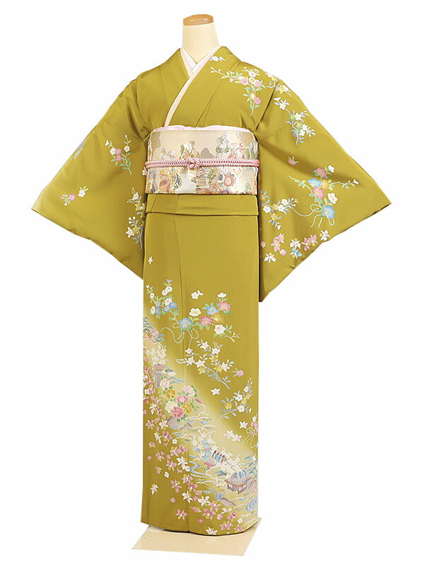 レンタル 訪問着 身長：155～165cm 正絹 からし系  着物 母親 結婚式 入学式 卒業式 お宮参り 七五三 h-1065