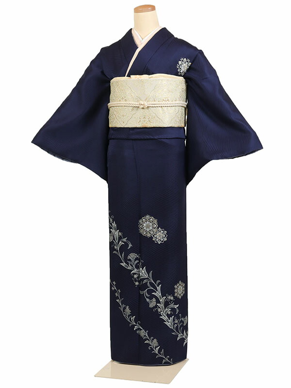 レンタル 訪問着 身長：155～165cm 正絹 紺系 華文 着物 母親 結婚式 入学式 卒業式 お宮参り 七五三 h-1075
