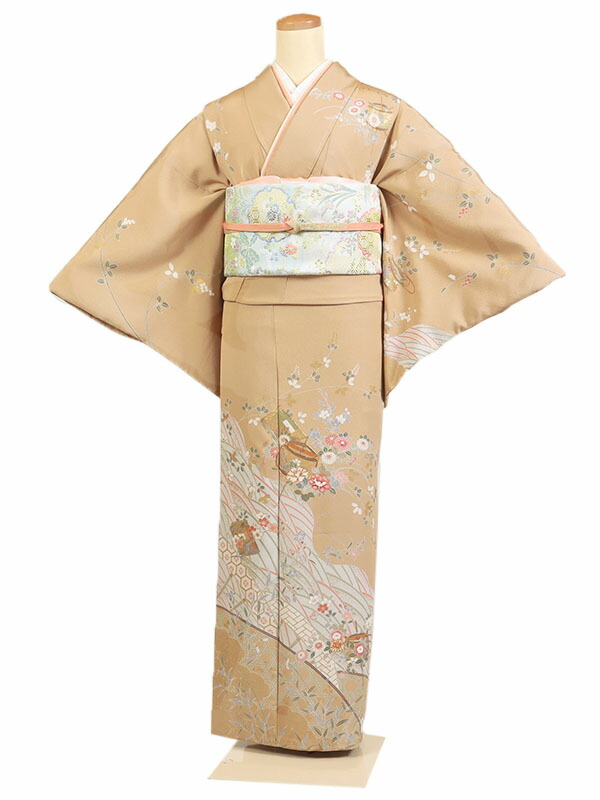 レンタル 訪問着 身長：155～165cm 正絹 茶系  着物 母親 結婚式 入学式 卒業式 お宮参り 七五三 h-1081